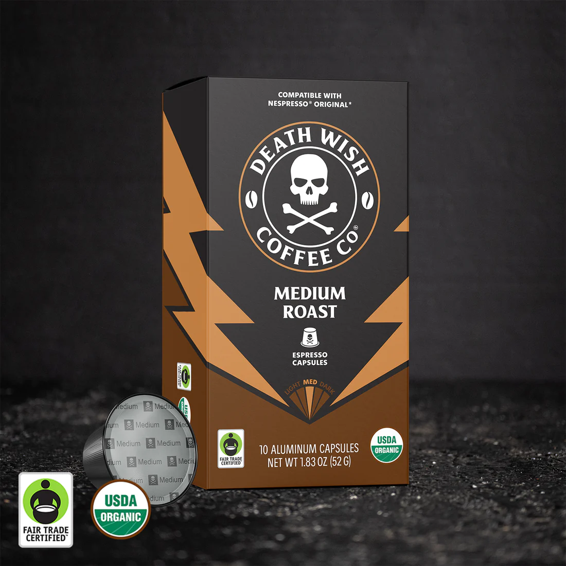 Medium_Roast_Nespresso_10ct_Angle_Pods_DTC_A3 Espresso Capsules – Medium Roast - Image 1